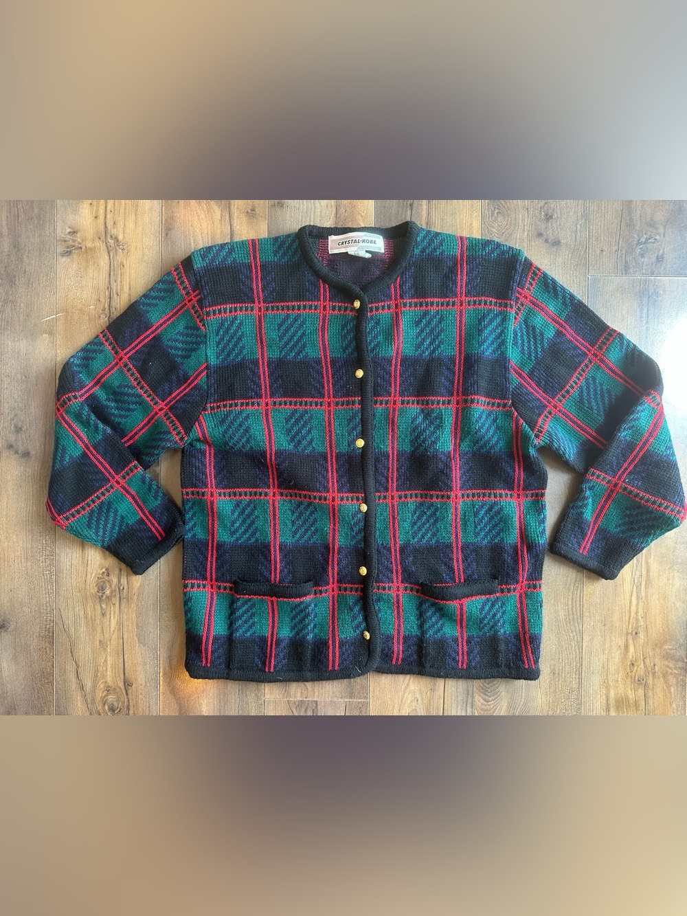 Vintage Crystal-Kobe Plaid Wool Cardigan Blackwatch Tartan Gold Buttons